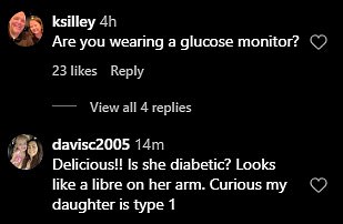 'Are you wearing a glucose monitor?' a fan questioned, and one shared, 'Delicious!! Is she diabetic? Looks like a libre on her arm. Curious my daughter is type 1'