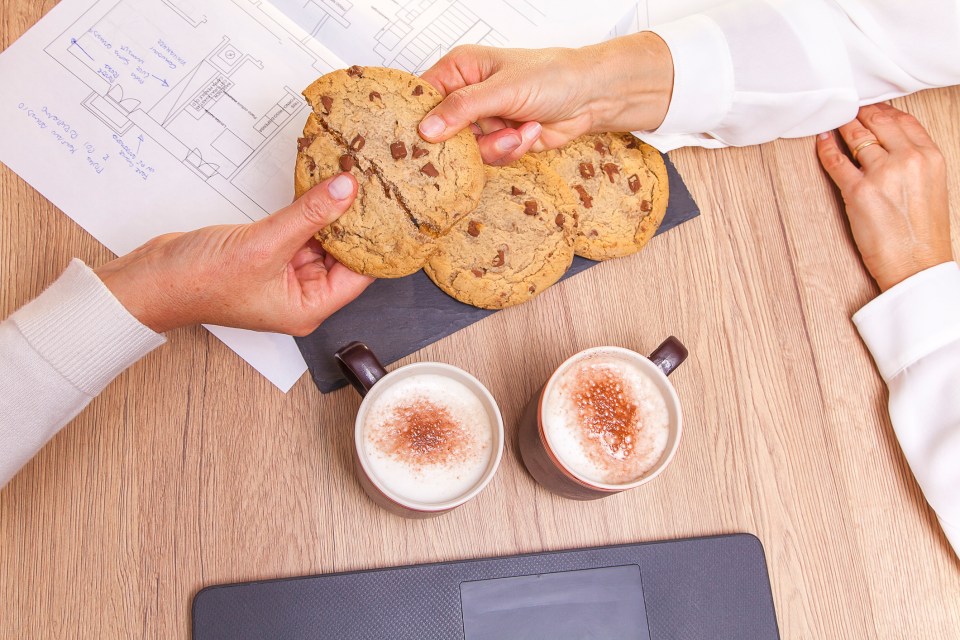 Overhead view of two people sharing chocolate chip cookies and coffee while reviewing blueprints.