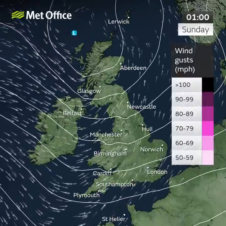 Weather map of the UK showing wind gusts.