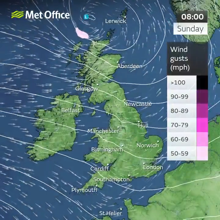 Weather map of the UK showing wind gusts.