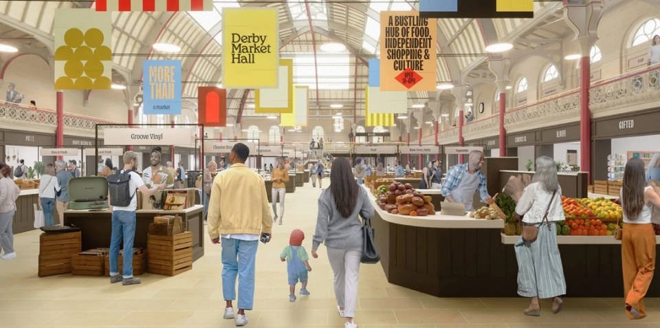 Illustration of Derby Market Hall, showing shoppers browsing various stalls.