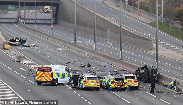 The smash triggered a large-scale emergency response, with the fire service having to remove the roof from at least one police vehicle to get inside
