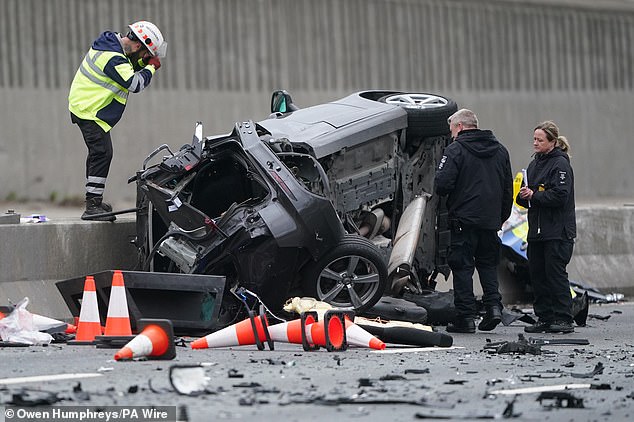 The Iran-born defendant, who came to the UK in around 2020, pleaded guilty to dangerous driving, two counts of failing to stop, having no licence and driving with no insurance.. Pictured: The aftermath of the crash