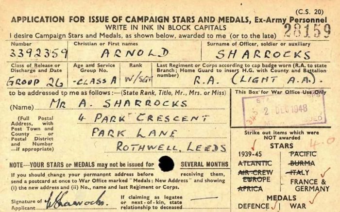 Application form for WWII British Army medals.