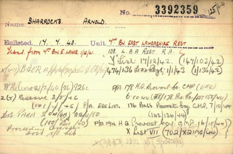 World War II Royal Artillery tracer card showing Arnold Sharrocks' service record.