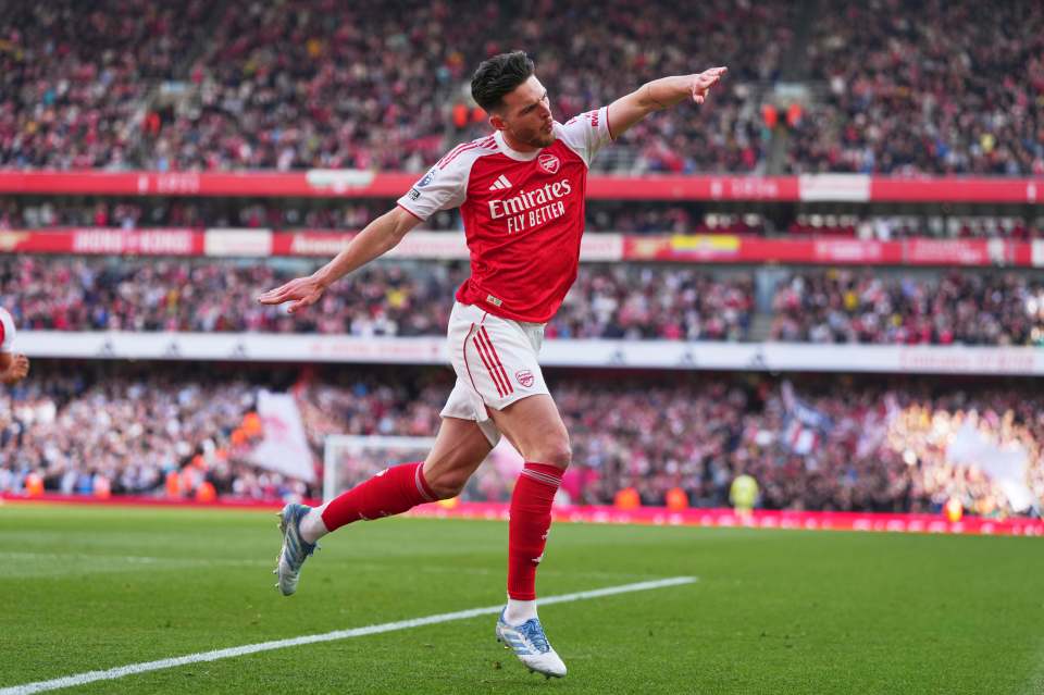 Declan Rice celebrating a goal for Arsenal.