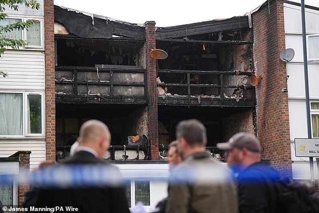 Firefighters arrived to Tillett Close (pictured), near Wembley, at 1,22am and worked for more than two hours to tackle the blaze which destroyed the family home