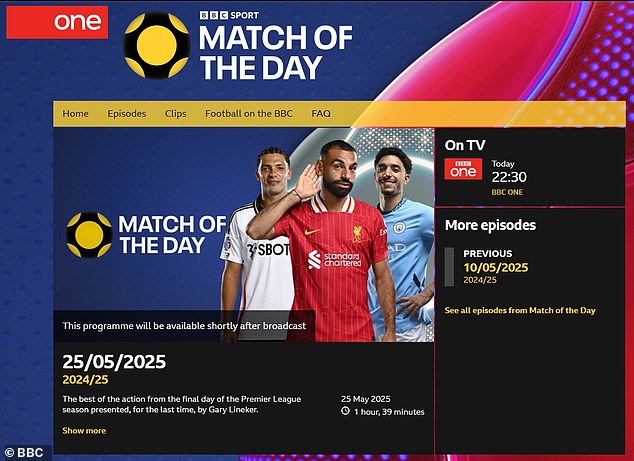The BBC has emphasised that this is the star's final programme as host, writing on the preview: 'The best of the action from the final day of the Premier League season presented, for the last time, by Gary Lineker'