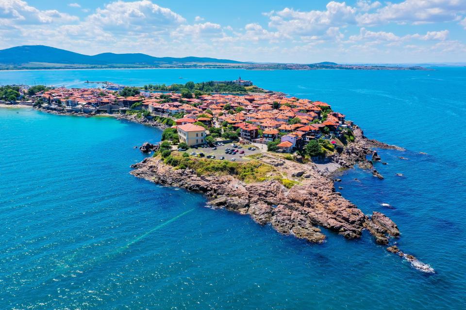 Aerial view of Sozopol, Bulgaria, showing the town on a peninsula jutting into the Black Sea.