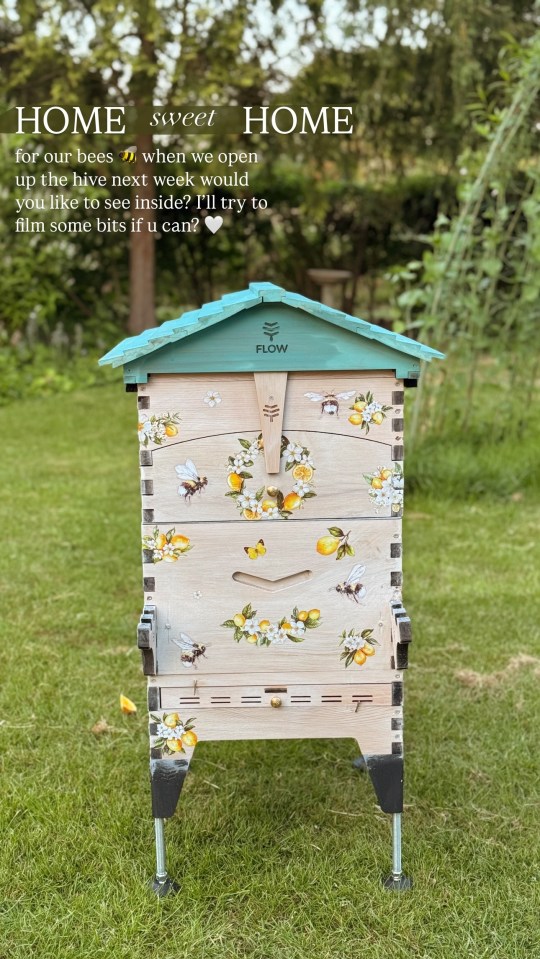 Beehive decorated with lemons and bees.