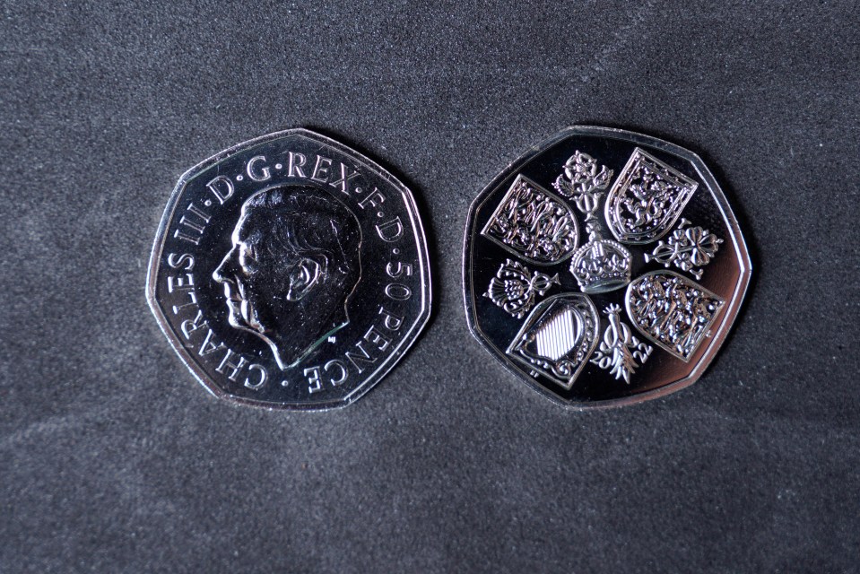 Fifty pence coin featuring King Charles III.