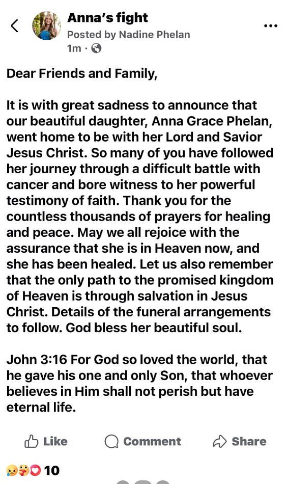 Pictured: The statement Phelan's family posted, confirming her death