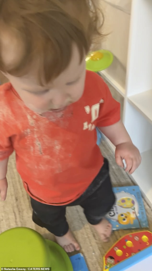 The cremains were smeared all over the toddler's face, clothes and the sofa