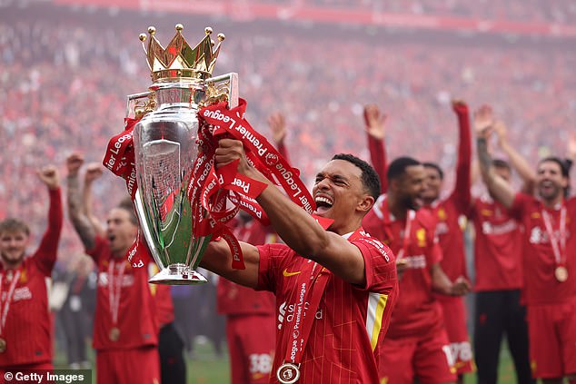 Alexander-Arnold's face flooded with emotion as he lifted the Premier League triphy high