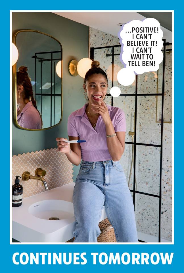 Woman in bathroom holding positive pregnancy test.