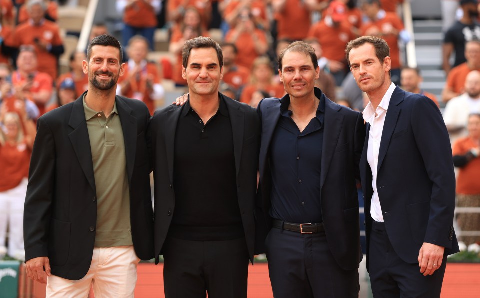 Photo of Rafael Nadal, Roger Federer, Novak Djokovic, and Andy Murray together.