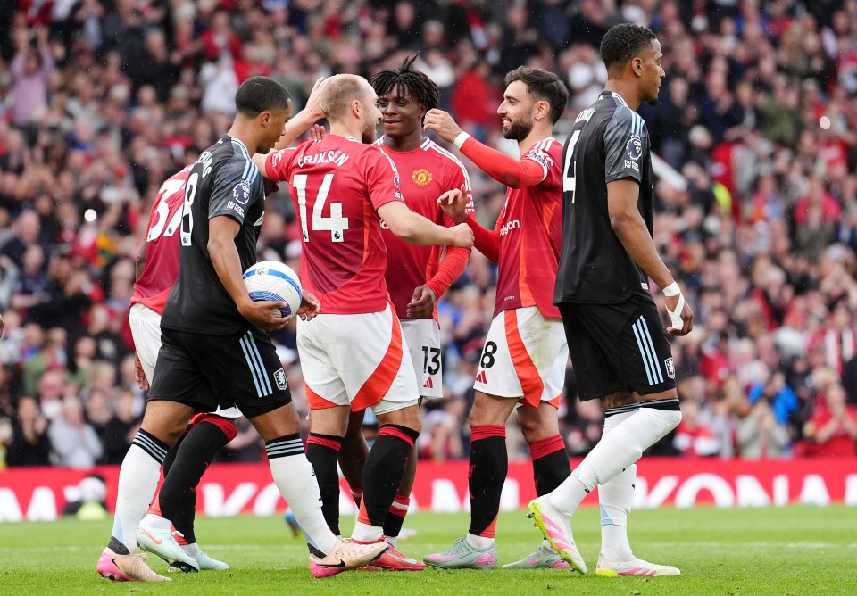 Manchester United players celebrating a goal.