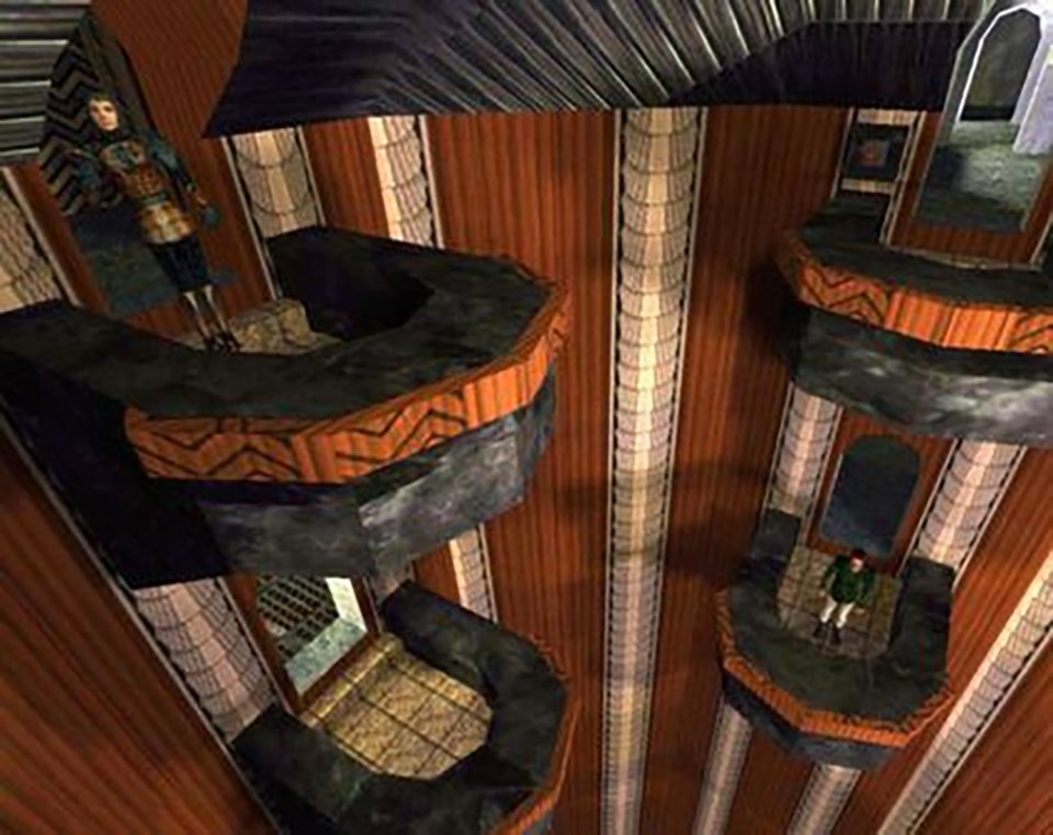Screenshot of a video game showing characters on multiple levels of a circular tower.
