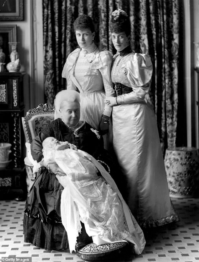 Queen Victoria at the christening of the future King Edward VIII with Princess Mary of Teck and Princess Alexandra of Denmark
