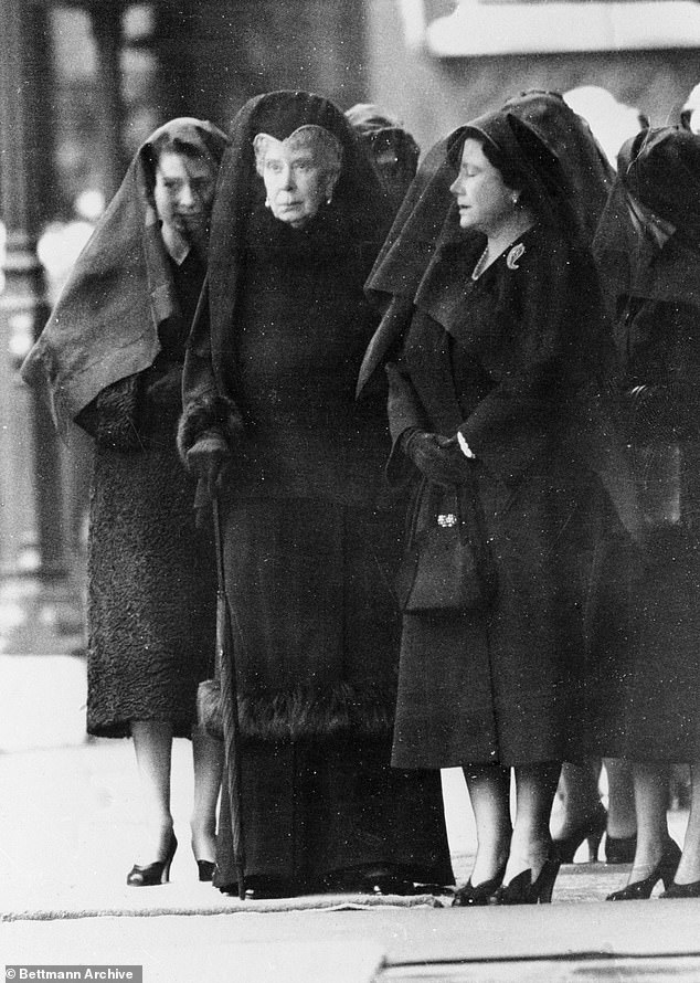 Queen Mary with Queen Elizabeth II (left) and the Queen Mother (right) at the funeral of King George VI. The loss of a third child had a profound impact on Queen Mary