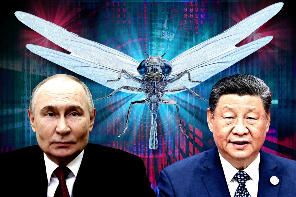 Illustration of Vladimir Putin and Xi Jinping with a robotic dragonfly between them, set against a background of binary code.