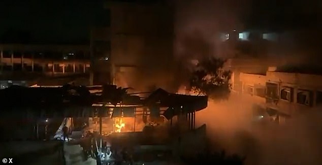 Footage shows fires tearing through the site in Gaza City, a school building that has been used as a shelter