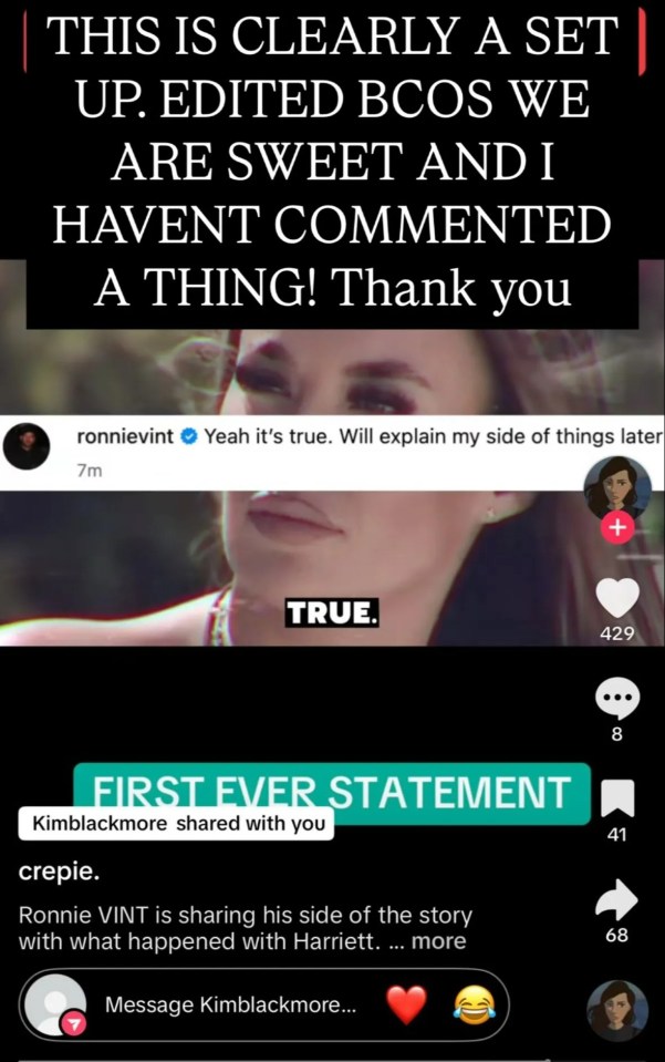 Screenshot of a social media post showing Ronnie Vint and Harriet Blackmore's statement.