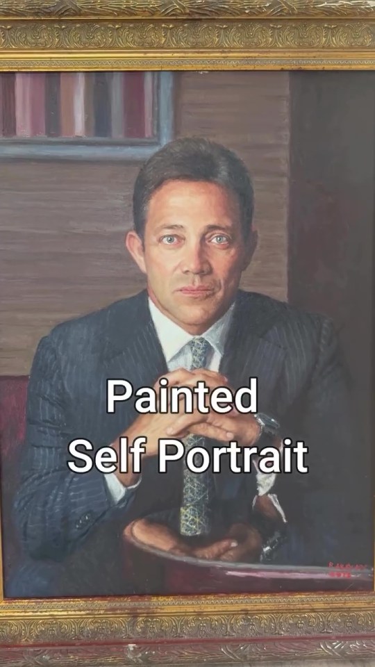 Painted self-portrait of a man in a suit.
