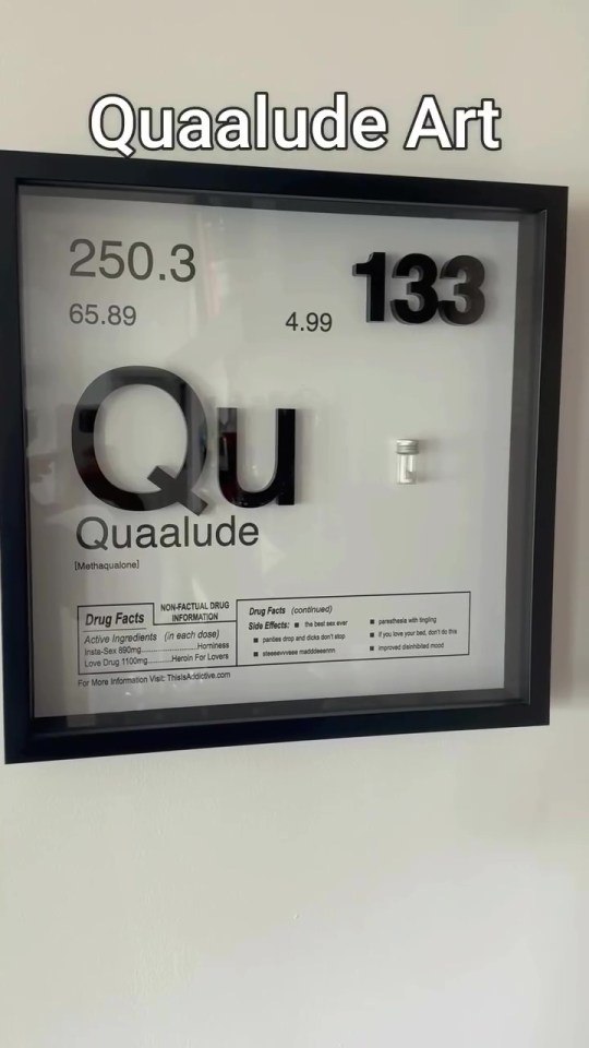 Framed artwork depicting Quaalude drug information.