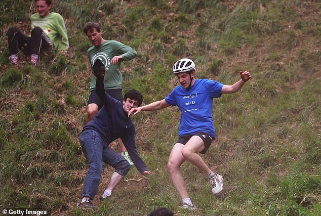 One man sought to protect himself during the race by wearing a bike helmet