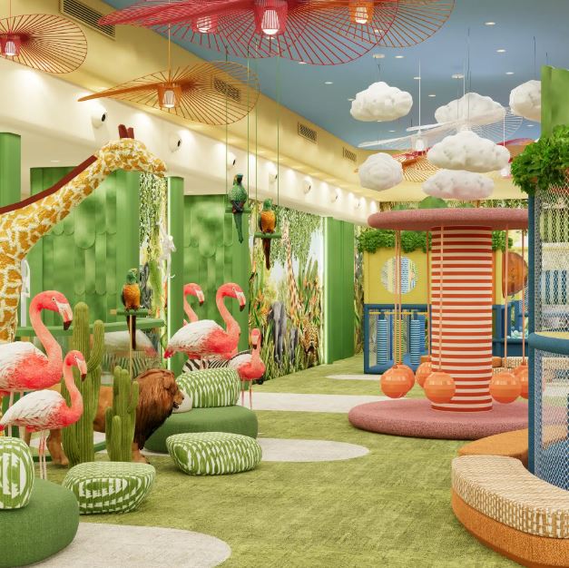 Illustration of a jungle-themed children's play area.