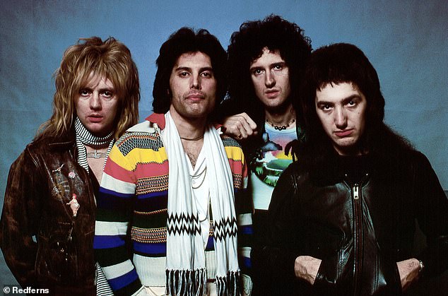 Freddie Mercury was the frontman of legendary British band Queen - pictured left to right are drummer Roger Taylor, Mercury, guitarist Brian May and bassist John Deacon