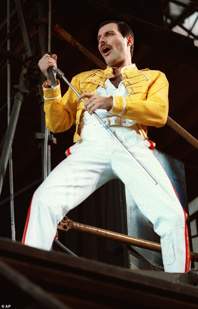 The late Queen frontman Freddie Mercury is seen here on stage in Germany in July 1986