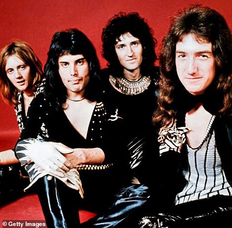 Freddie Mercury (second left) is pictured here with hisQueen bandmates Roger Taylor, Brian May and John Deacon