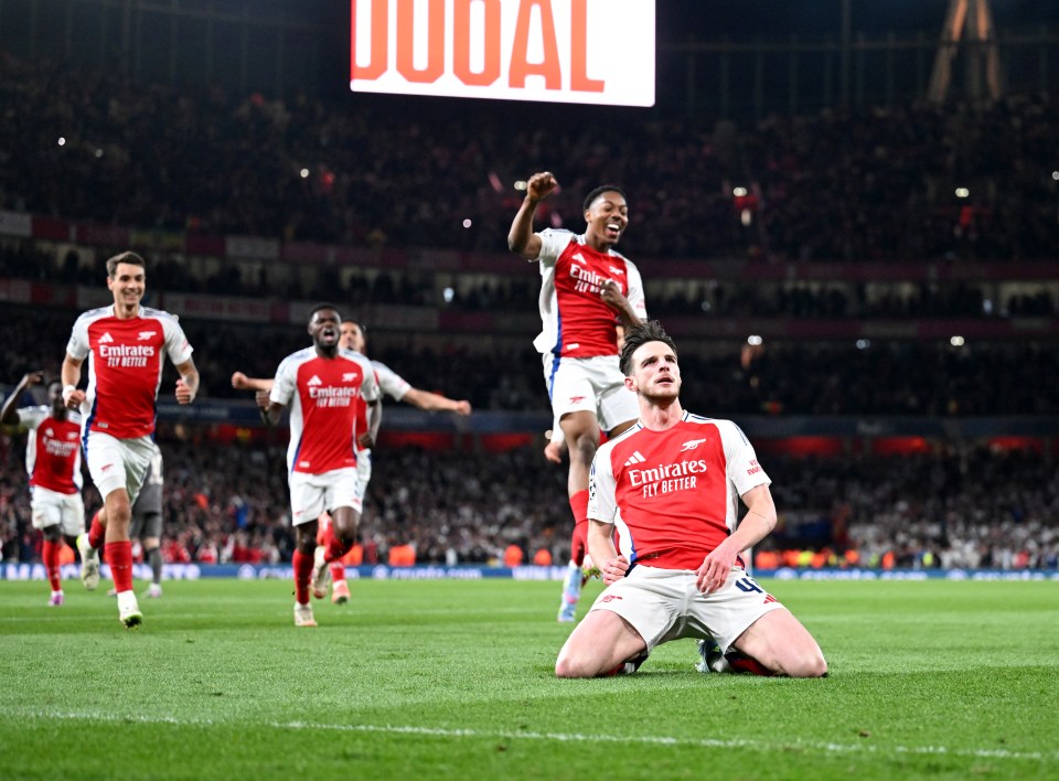 Declan Rice celebrates scoring a goal for Arsenal.
