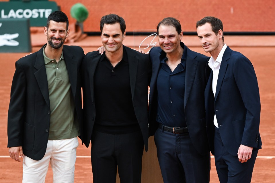 Rafael Nadal, Roger Federer, Novak Djokovic, and Andy Murray at a ceremony.