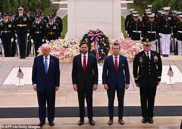 President Donald Trump (left), Vice President J.D. Vance (center left), Defense Secretary Pete Hegseth (center right) and MG Trevor Bredenkamp, Commanding General of the Joint Task Force-National Capital Region (right) stand at the Tomb of the Unknown Soldier on Monday