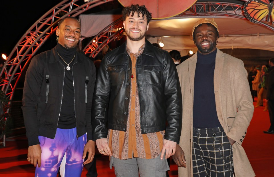 Three men attending the London premiere of Cirque du Soleil's Luzia.