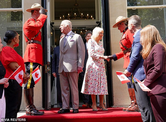 King Charles and Queen Camilla, visits Canada House, Trafalgar Square, to mark 100 years since it opened in June 1925, in London