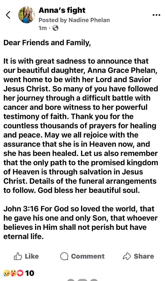 Pictured: The statement Phelan's family posted, confirming her death