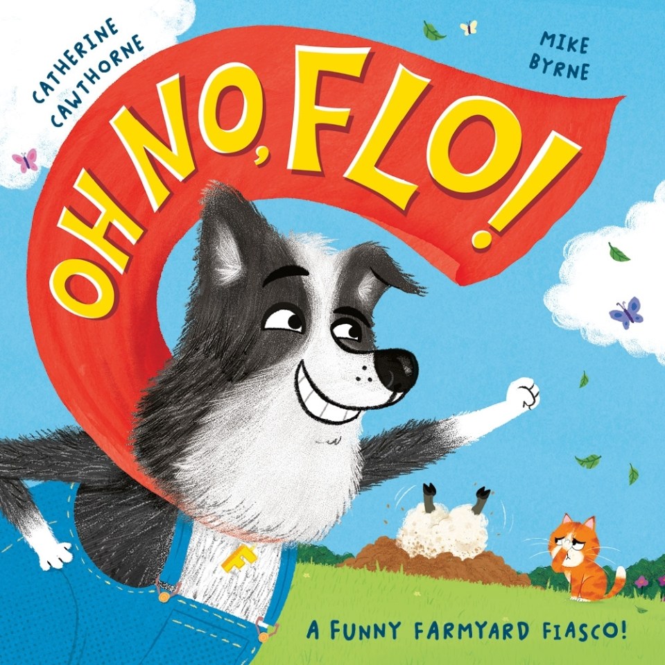 Illustration of a book cover featuring a dog wearing overalls and a red banner that says "Oh No, Flo!"  A sheep is buried in the ground, and a cat watches.