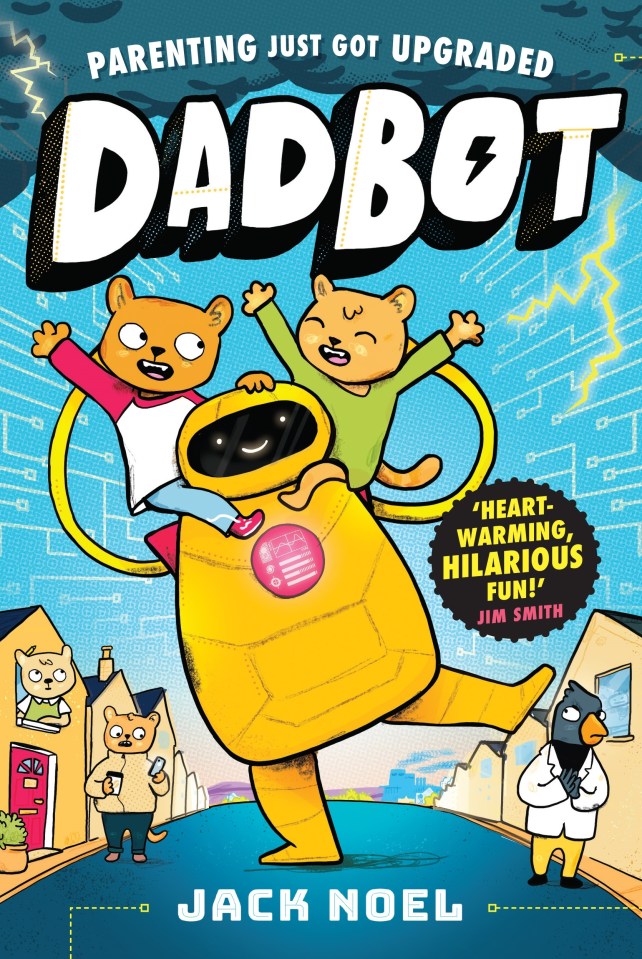 Illustration of Dadbot book cover featuring cartoon bears riding a robot.
