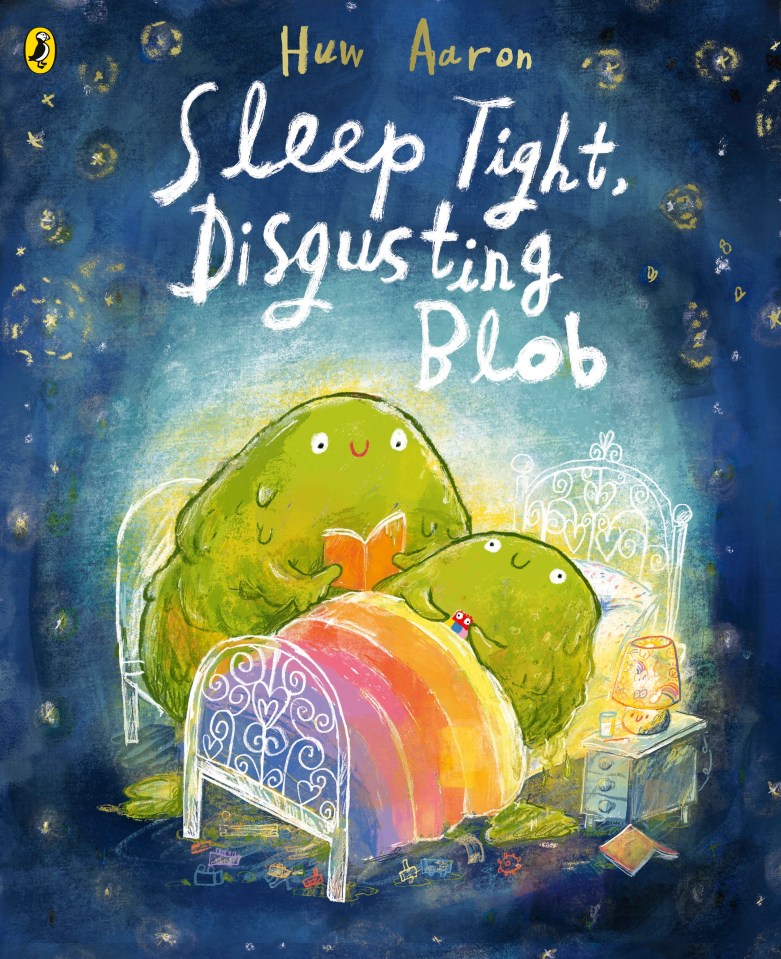 Illustration of two blobs reading a book to a smaller blob in bed.