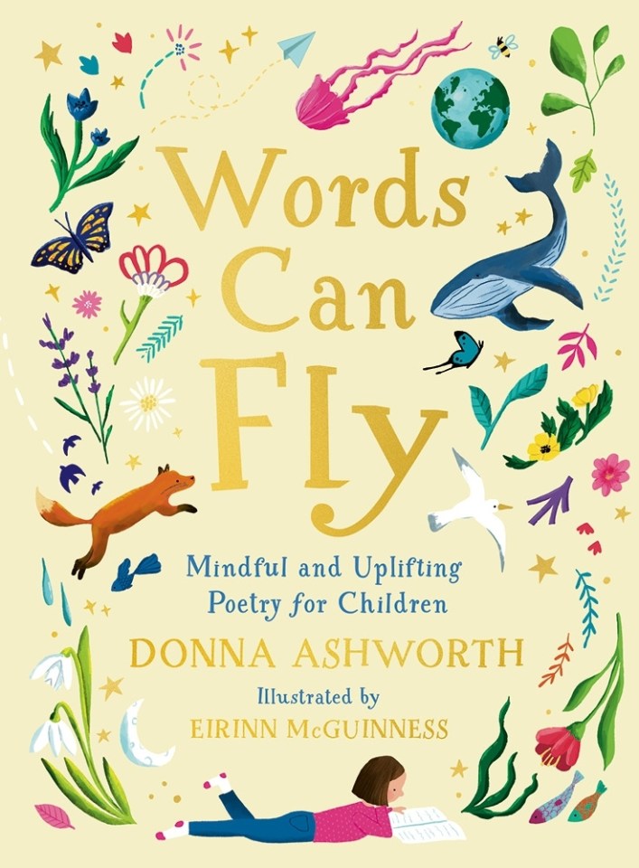 Illustration of book cover for "Words Can Fly," mindful and uplifting poetry for children by Donna Ashworth, illustrated by Eirinn McGuinness.