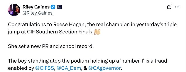 Reese Hogan 'assumed her rightful spot,' Riley Gaines, a political activist who fights against trans women in female sports, said about the viral moment