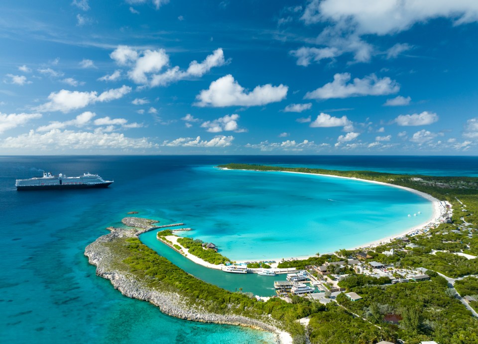 Aerial view of Half Moon Cay with a cruise ship offshore.