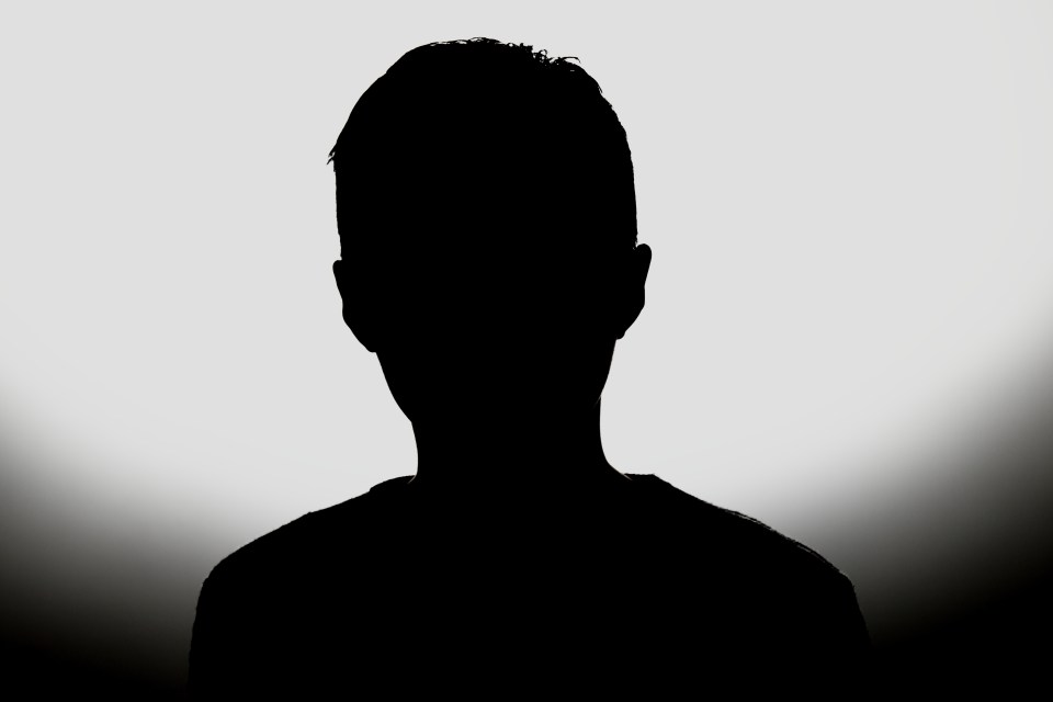 Silhouette of a boy standing at sunrise.