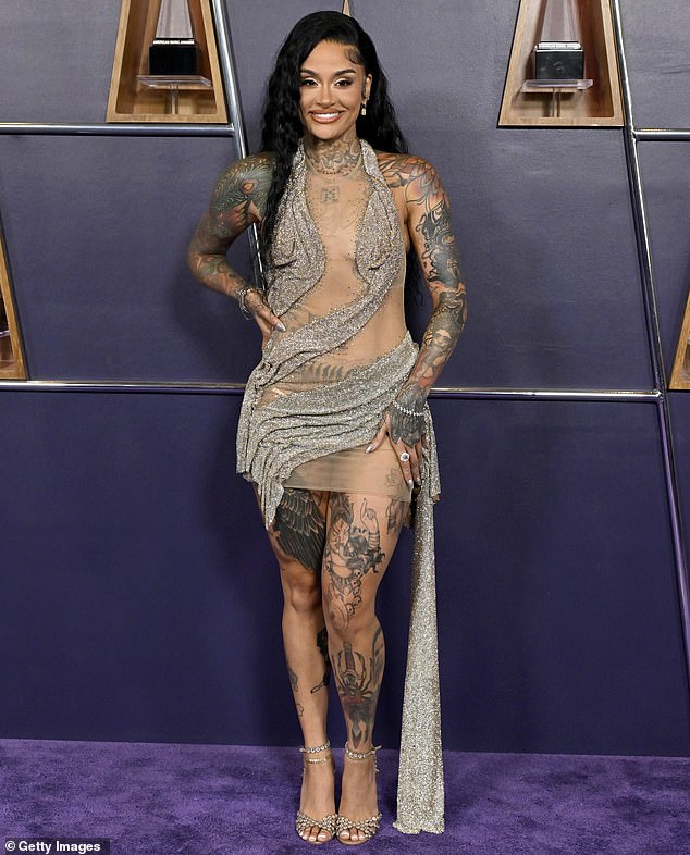 Kehlani wore a semi-sheer Do Long minidress that had shimmering details embroidered throughout the ensemble