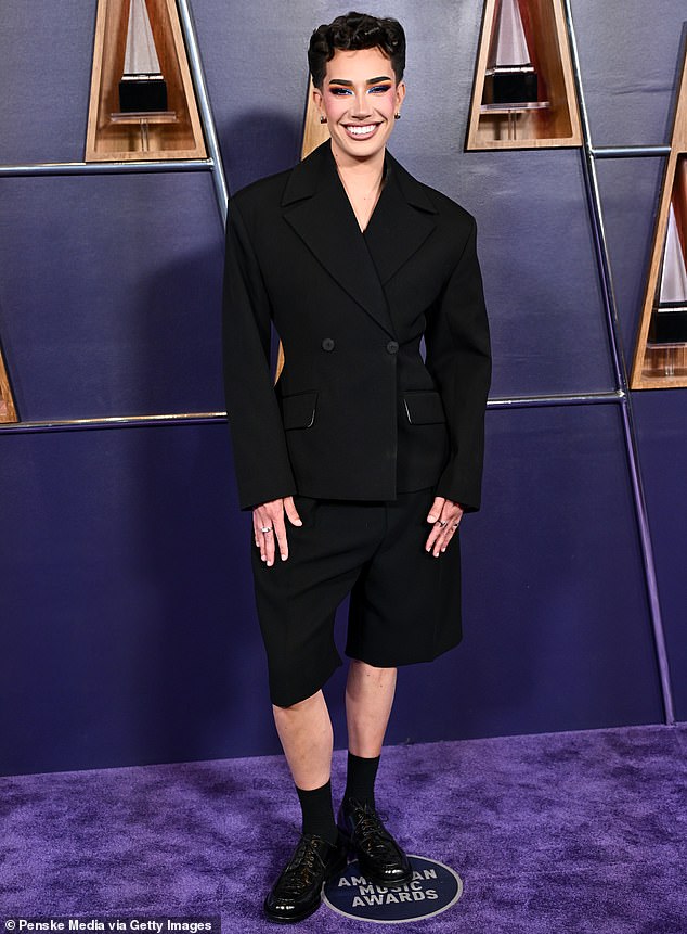 James Charles walked the red carpet in a tailored black blazer with dramatic shoulders and matching shorts from Jacquemus