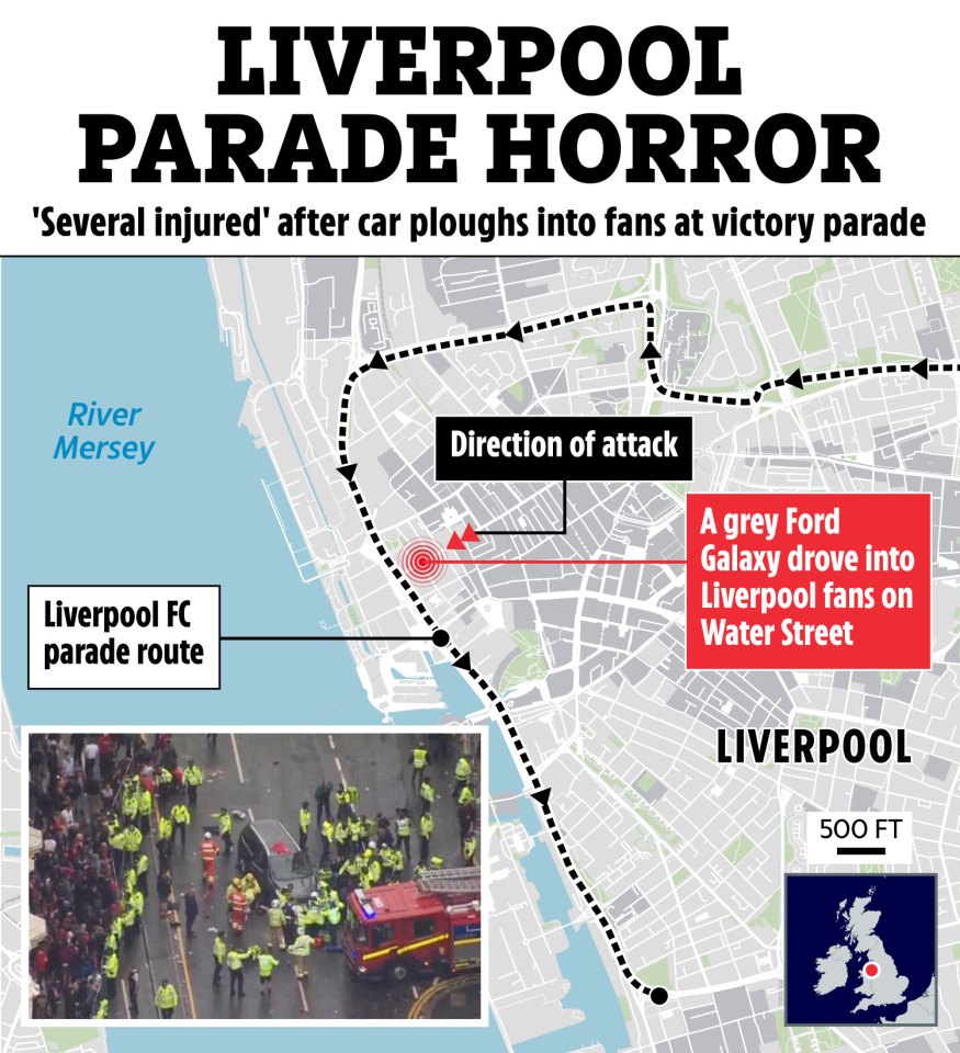 Illustration of a car driving into a crowd of people in Liverpool, England, with a map showing the route.